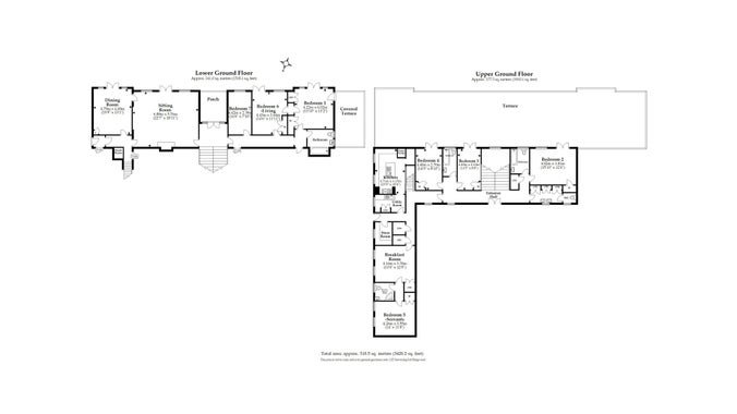 The floor plan for Portland House, showing upper ground floor with entrance hall, kitchen, utility room, store room, breakfast room, four bedrooms, a shower room, two bathrooms, a toilet, terrace and two staircases to the lower ground floor, with dining room, sitting room, three bedrooms, a bathroom, porch and covered terrace.